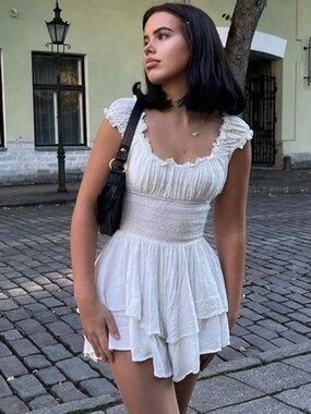 Princess Polly White Love Galore Romper Smocked Ruffle Mini Dress